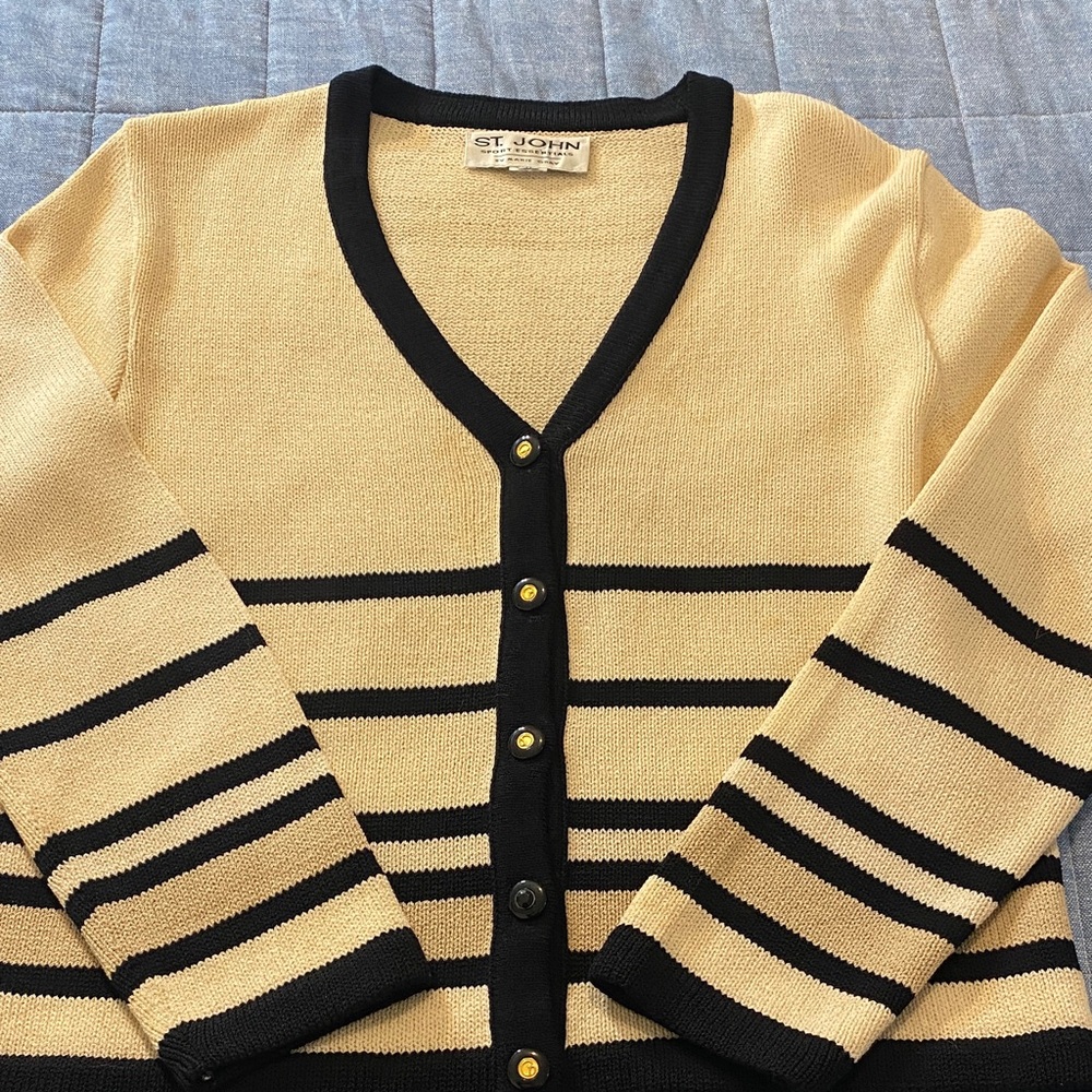St. John Black and Cream Striped V-Neck Cardigan